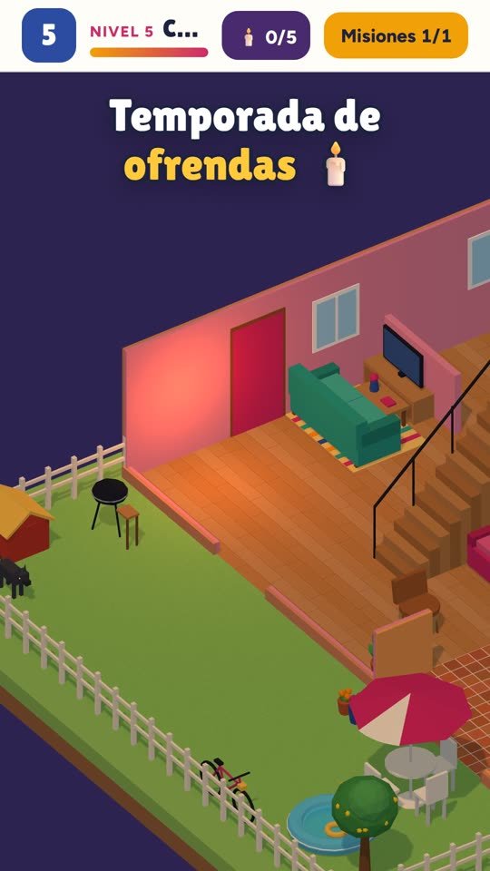 La casa en 3D de noche, con la ofrenda en la sala